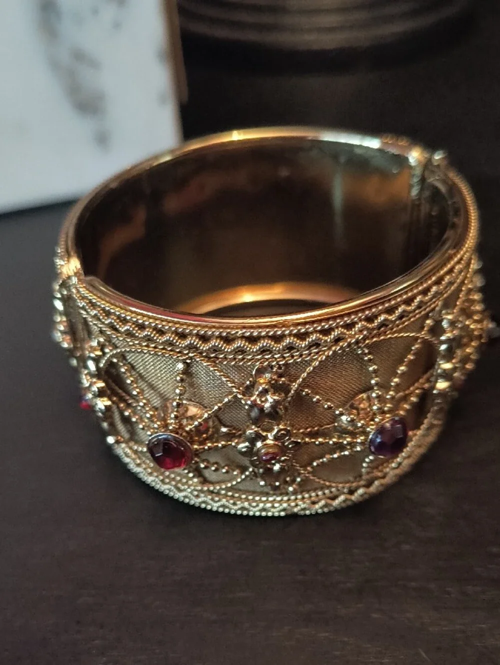 Vinatge Gold Filigree Cuff Bracelet with Red and Purple Gem Accents